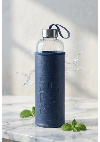 H2o Sağlıklı Cam Matara 1000 Ml Su Şişesi, Deri Kılıflı 1 Lt Sporcu Suluğu Lacivert