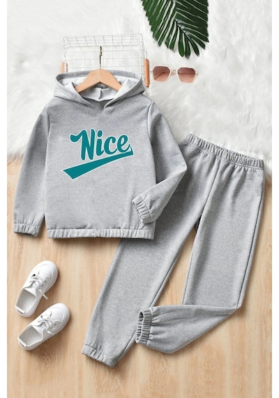 Uyguntarz Unisex Çocuk Nice Baskılı Eşofman Takımı Gri