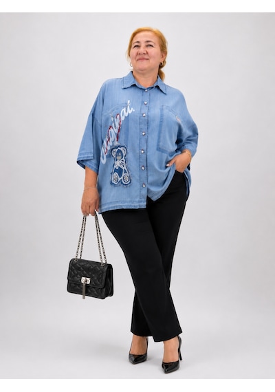 La Velina Büyük Beden Ayıcık Aplikeli Taş Detaylı Denim Tunik Gömlek Mavi