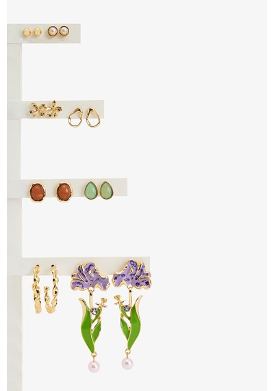 Penti Altın Rengi Mix Flower Küpe Seti Açık Gri