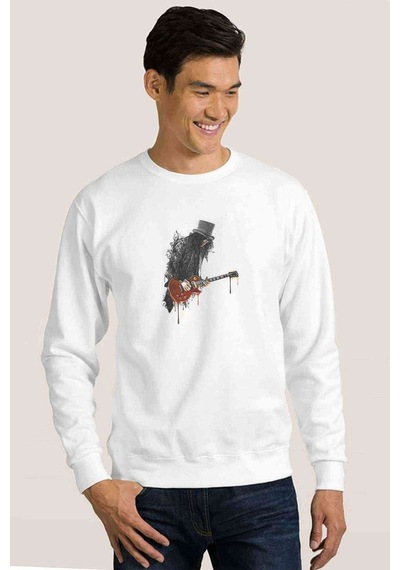 Slash Gitar Metal Rock Music T Baskılı Beyaz Erkek Örme Sweat