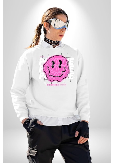 Positive Enerji Emoji Gülen Surat Unisex Beyaz Sweatshirt Beyaz