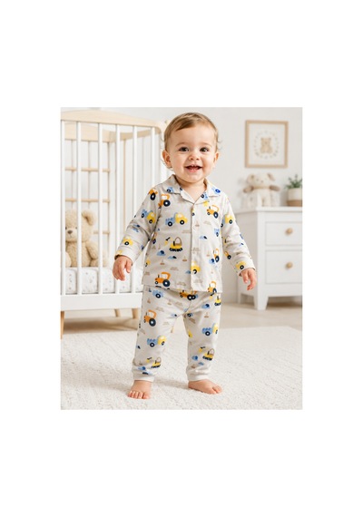 Mou&kou Erkek Bebek Pijama Takımı %100 Pamuk Penye Önden Çıtçıtlı Uzun Kollu Mevsimlik Kahverengi