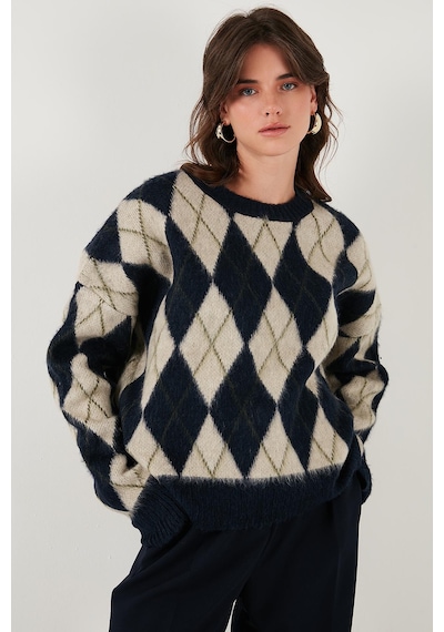 Lela Oversize Fit Bisiklet Yaka Baklava Desenli Yumuşak Dokulu Bayan Kazak 4616223 Lacivert