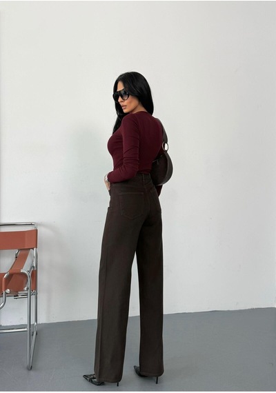 Kadın Kahverengi Ön Cepli Wide-leg Jean Yüksek Bel Geniş Paça Kot Pantolon Kahverengi