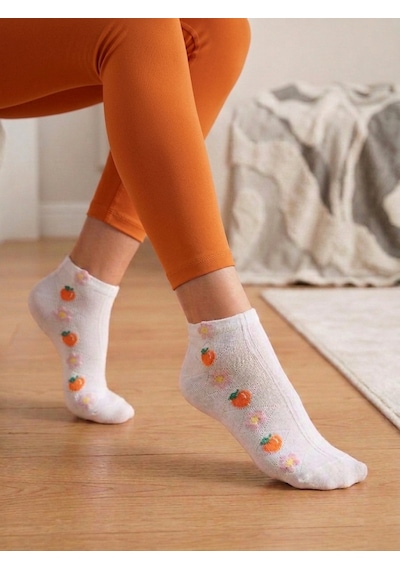 Heren Socks Heren Minimal Ve Kabartma Desenli 4'lü Ekru Pamuk Kadın Patik Çorap Meyve Çiçek Figürlü