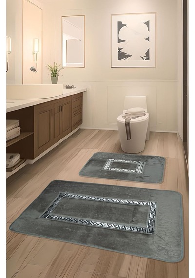 Tr Meram Kaymaz Taban Emici 2'li Ultra Lüks Deri Detaylı Banyo Paspası Seti Gri-gümüş 60x100 Cm Ve 50x60 Cm Genel