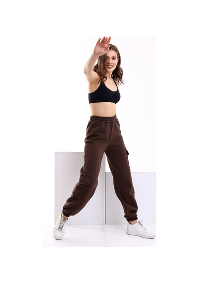 Winmoda34 Kadın Jogger Kalın 3 Iplik Yandan Cepli Kargo Eşofman Altı Kahverengi
