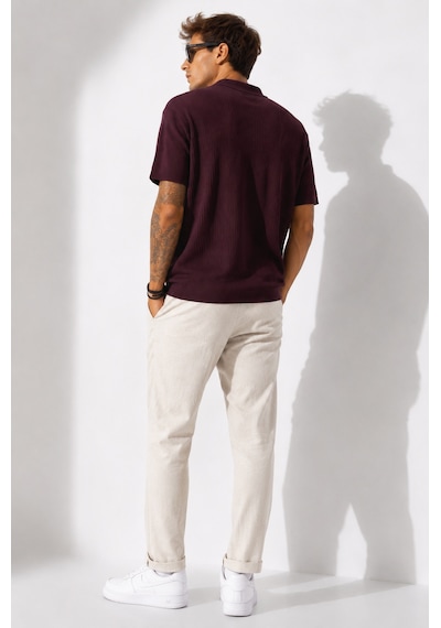 Ribana Erkek Kısa Kollu Fitilli Yarım Düğme Kapama Polo Yaka T-shirt 26001 Mürdüm