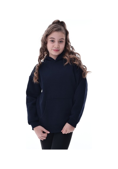 Unisex Çocuk Kapüşonlu Sweatshirt 5-14 Yaş Rahat Günlük Spor Oversize Lacivert