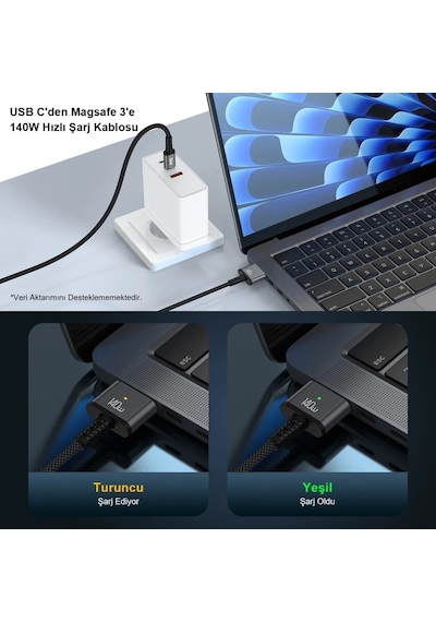 Bix Bxm3c 140w Type-c To Magsafe 3 Macbook Pro Ve Macbook Air 13,14,16, M1 M2 Uyumlu Manyetik Örgülü Şarj Kablosu 2 Metre