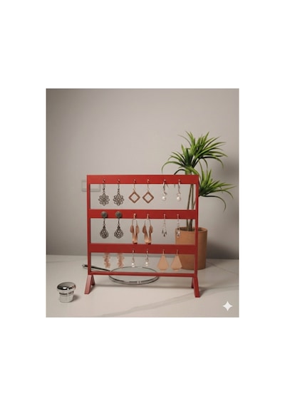 Şık Modern Küpe Standı, Kırmızı Takı Düzenleyici, Takı Standı , Küpe Askısı , 3 Bölmeli Organizer