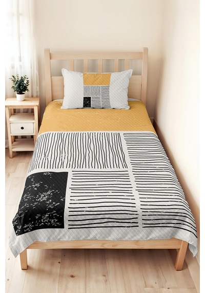 Sarı Geometrik Genç Odası Tek Kişilik Pike Takımı - Siyah Çizgili 160x220 Cm Kapitone Yatak Örtüsü Killi Meltem Kıyısı