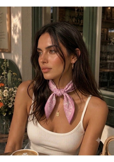 Trend Dokunuş Kadın 50-50 Saten Pembe Çiçekli Fular Bandana