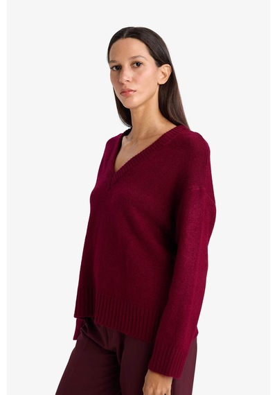 Defacto Oversize Geniş Kalıp V Yaka Kazak G2141ax26spbr327 Bordo-br327