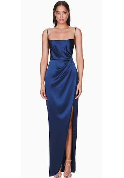 Hanife Glam Couture Hanife Glam Askılı Straplez Asetat Saten Abiye Elbise Lacivert