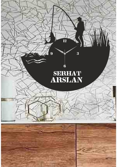 Kişiye Özel Isimli Balıkçı Temalı Ahşap Duvar Saati (548317033) Siyah