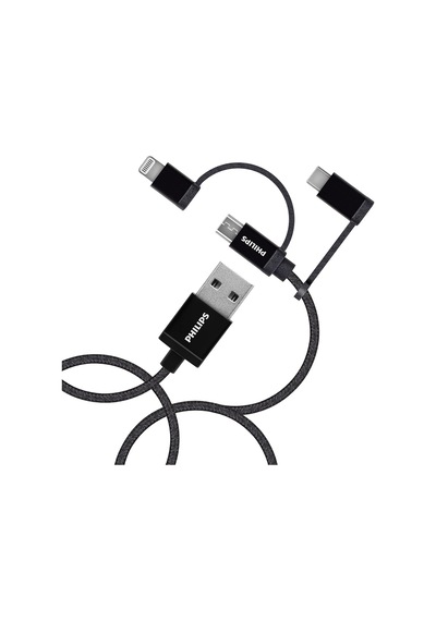 Philips Uyumlu DLC3106T MFI Lisanslı 3 In 1 Micro Usb-Lightning-Type-C Hızlı Şarj ve Data Kablosu 2 M Siyah