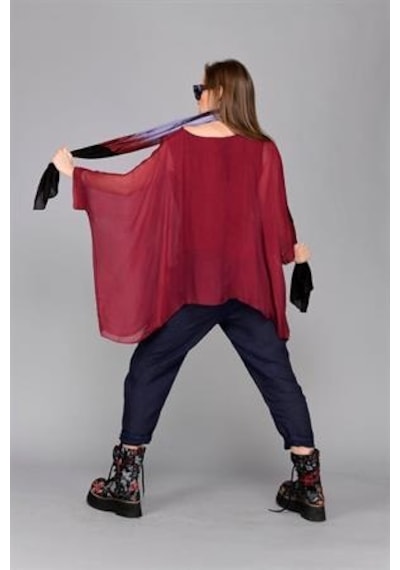 Bohem Stil İtalyan Yarasa Kollu İpek Bluz-9220 Bordo