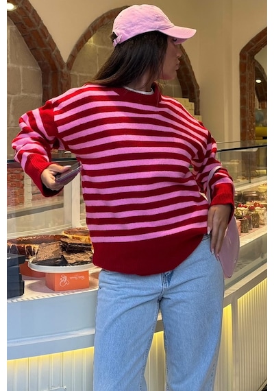 Madmext Kırmızı Çizgili Bisiklet Yaka Oversize Kadın Kazak Mg2894