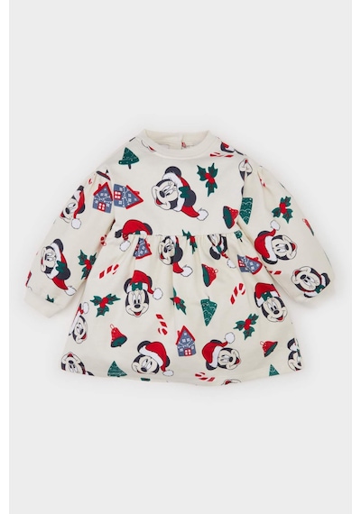 DeFacto Kız Bebek Disney Mickey & Minnie Bisiklet Yaka Yılbaşı Temalı Uzun Kollu Elbise D7431A524WNER233 Ekru