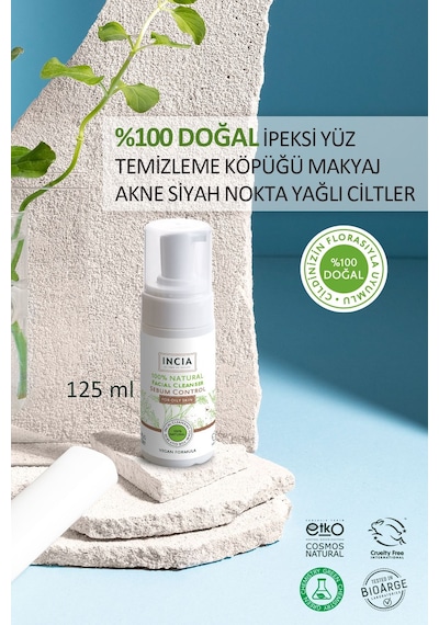 INCIA %100 Doğal İpeksi Yüz Temizleme Köpüğü Makyaj Akne Siyah Nokta Sivilce Yağlı Ciltler Vegan 125 ML