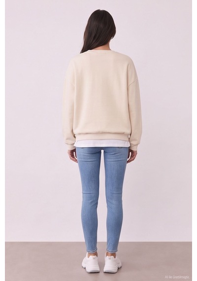 Quzu Baskı Nakış Detaylı Sweatshirt Bej