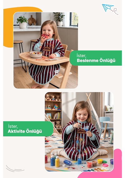 Reyo 6 Ay-6 Yaş Silinebilir Uzun Kollu Bebek Mama Önlüğü, Çocuk Aktivite Önlüğü, Pamuklu,su Geçirmez - Little Foodie