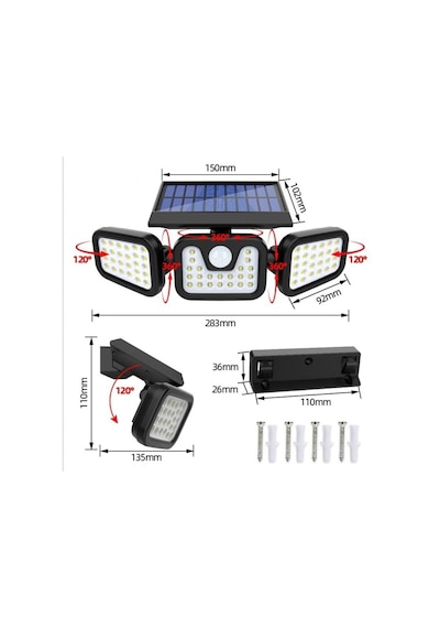 74 Led Güneş Enerjili Hareket Sensörlü 3 Taraflı Solar Bahçe Aydınlatma Lambası Sokak Lambası Çok Renkli