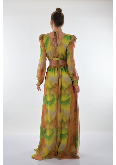 Explosion V Yaka Uzun Kol Maxi Şifon Elbise - Bohemian Stil Fıstık Yeşili