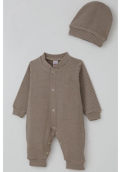 Breeze Erkek Bebek Tulum Çizgili Çıtçıtlı 0-9 Ay, Vizon