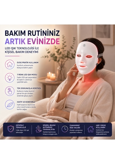 Polham 7 Renk Led Işık Teknolojili Yüz Bakım Maskesi Dokunmatik Kontrollü Evde Cilt Bakım Cihazı