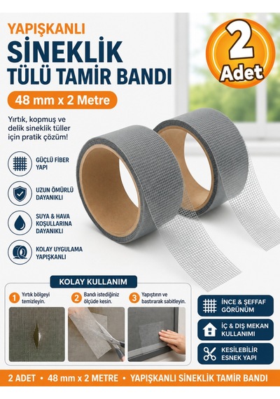 2 Adet 48 Mm X 2 Metre Yapışkanlı Sineklik Tülü Tamir Bandı Yaması Yırtık Kopmuş Delik Fiber Tül Yap