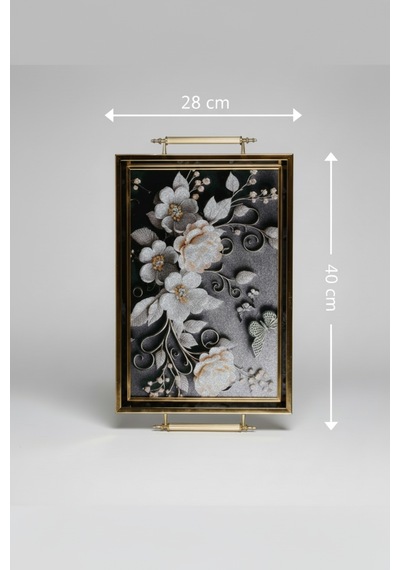 Siyah Kelebek Desenli 40x28cm Metal Kulplu Lüks Sunum Ve Servis Tepsisi