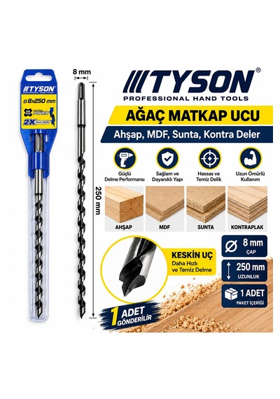 Tyson Ağaç Ahşap Matkap Delici Ucu Mdf Ahşap Sunta Kontra Deler 8 X 250 Mm