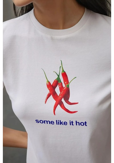 Hiccup Kadın Bisiklet Yaka Kısa Kollu Önü Baskılı Pamuklu T-shirt Beyaz