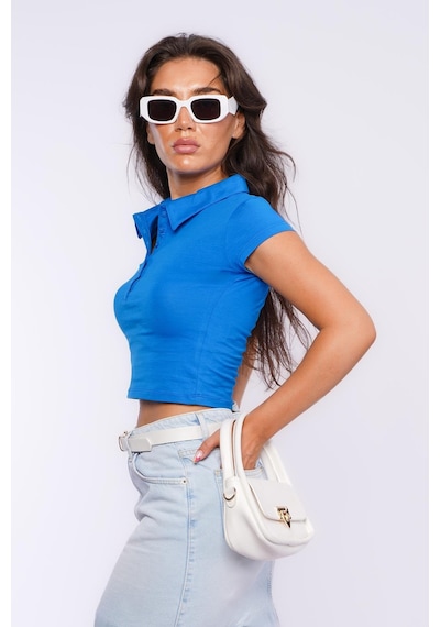 Mavi Polo Yaka Basic Kadın Tişört Mg2455 Mavi