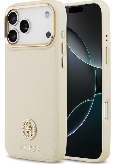 Apple Uyumlu iPhone 17 Pro Max Kılıf Guess Lisanslı M-safeli Grained Yazı Ve Taşlı 4g Logolu Kapak Bej Bej