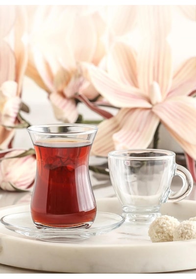 Lav Sohbet 18 Parça Set - Çay Bardağı Tabağı Kahve Fincanı Seti Takımı Şeffaf