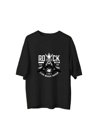 Paybuy Erkek Oversize Tişört Rock Fest Müzik Gösterisi Çapraz Gitar Bask Siyah