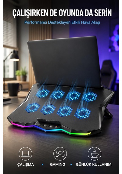 Uptech Rgb Laptop Soğutucu 8 Fanlı Ayarlanabilir Standlı Notebook Soğutucu