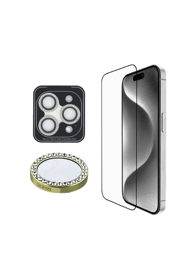 Apple Uyumlu   iPhone 16 Pro Max Guess Lisanslı Rhinestone Ekran Ve Lens Koruyucu 2in1 Aksesuar Seti Gold