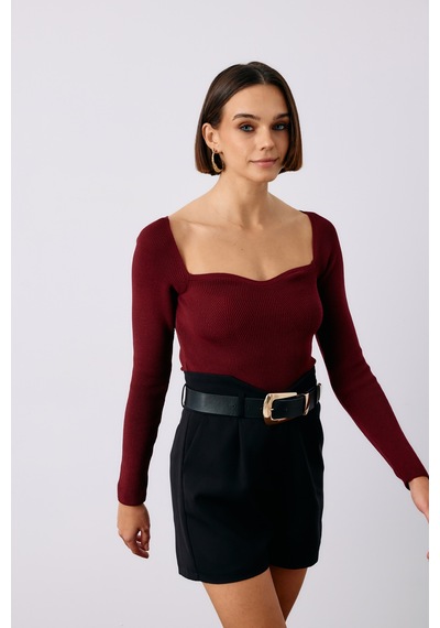 Sateen Kalp Yaka Triko Bluz - Bordo-135189 Bordo
