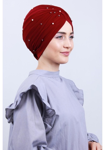 Melodi Scarf Kadın Tesettür İncili Taşlı Vera Dış Bone Bordo Bordo
