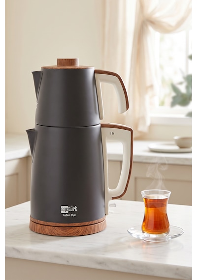 Egetürk Teadem Style Ahşap Görünümlü Çay Makinesi Çaycı 2000w 1.7l Kettle 1.2l Demlik 304 Çelik Gövde Siyah