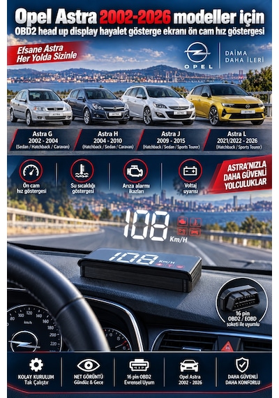 Opel Astra 2002-2026 Modeller İçin Obd2 Head Up Display Hayalet Gösterge Ekranı Ön Cam Hız Göstergesi