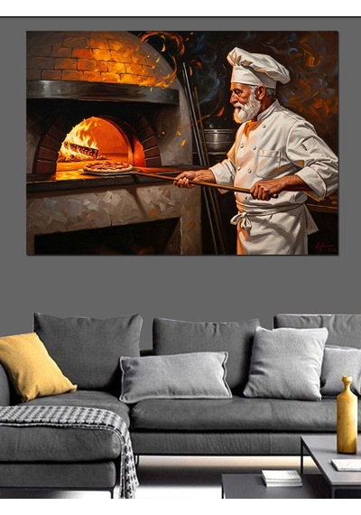 Ahşap Tablo Taş Fırında Pizza Pişiren Şef