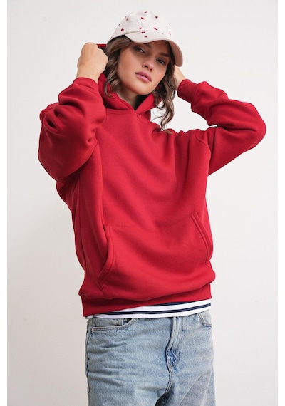 Mixray 2022 Unisex 3iplik Basic Polarlı Kapüşonlu Sweatshirt Hoodie Kırmızı Kırmızı