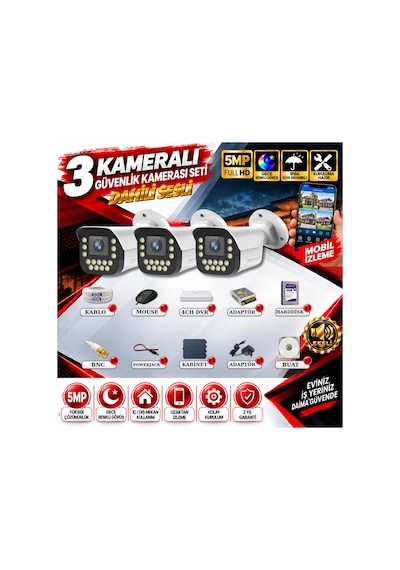 3 Kameralı Sesli Güvenlik Kamerası Seti 5mp Yapay Zeka Gece Renkli Görüş 21 Warm Led Ultra Hd 915ws