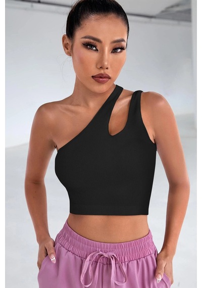 Fantezia Night Kadın Beyaz Tek Omuz Cut Out Detaylı Crop Top Bluz SIYAH